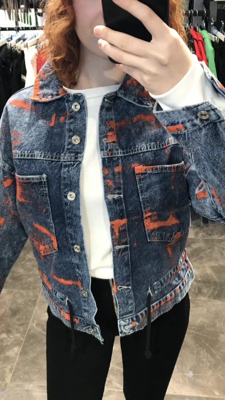 Turuncu Batik Desenli Tasarım Kot Ceket