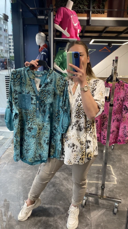 İtalyan Leopar Desen Cebi Pullu Bluz