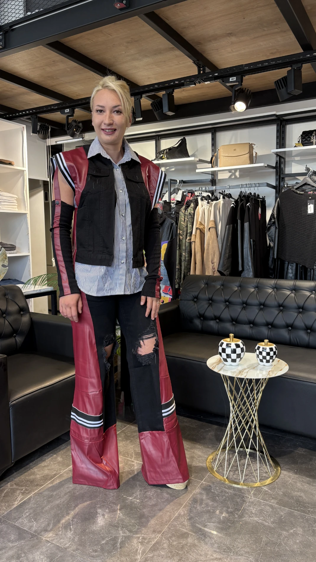 Deri Detaylı Kot Tasarımlı Takım